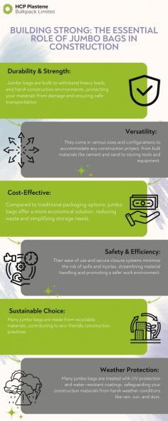 Build smarter with HCP Plastene Bulkpack Limited's Jumbo Bags!  These durable and versatile bulk bags are revolutionizing the construction industry. From reduced labor costs and space optimization to superior material protection and eco-friendly disposal, Jumbo Bags offer a multitude of benefits for every stage of construction. Learn more about how HCP Plastene Bulkpack Limited's Jumbo Bags can empower your next project!

For More Information Visit Here: https://hpbl.in/