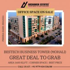 This advertisement promotes commercial office space available for purchase. The location is specified as Bestech Business Tower in Mohali, India, with a size of 1600 square feet.