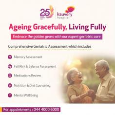 Experience expert geriatric care personalized to the unique needs of our senior community at Kauvery Hospital.

Our dedicated team provides compassionate, comprehensive care to enhance the quality of life for our elderly patients.

From specialized medical treatments to personalized attention, we prioritize the health and well-being of every individual in our care, ensuring comfort, dignity, and vitality in their golden years.