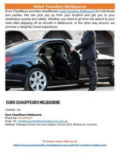 Hotel Transfers Melbourne
For both individuals and groups, Euro Chauffeurs offers chauffeured hotel transfers Melbourne. We can swiftly and safely transport you to your destination after picking you up from your place. We guarantee a pleasurable travel experience whether you need to get from the Melbourne airport to your hotel or the other way around.
For more details visit us at: https://www.eurochauffeursmelbourne.com.au/hotel-transfers-melbourne/