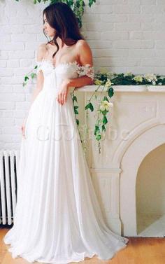Robe de mariée romantique moderne avec chiffon ligne a d'epaule ajourée