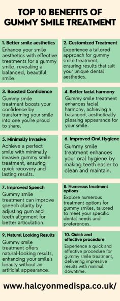 Halcyon Medispa's Gummy Smile Treatment offers a range of benefits, including improved confidence, enhanced facial harmony, and a more aesthetically pleasing smile. By targeting excessive gum exposure, this non-invasive procedure helps create a balanced and attractive smile, boosting self-esteem and leaving you with a radiant and confident appearance.