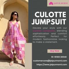 Elevate your style with our culotte jumpsuits, blending sophistication and comfort effortlessly. Perfect for modern fashionistas looking to make a statement.

More info
Email Id-	customercare@jaipurmorni.com
Phone No-	91-91169 30540
Website-	https://www.jaipurmorni.com/products/pure-cotton-printed-culotte-jumpsuit

