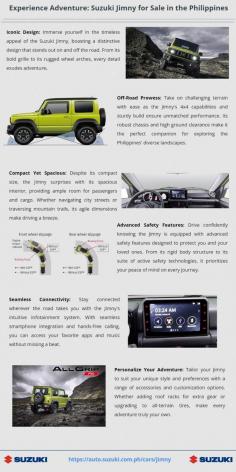 Discover the Suzuki Jimny, an iconic off-road vehicle for sale in the Philippines, boasting rugged design, compact versatility, and advanced safety features. Conquer any terrain with confidence, stay connected on the go, and personalize your adventure with a range of customization options. Experience the thrill of exploration with the Suzuki Jimny. Visit https://auto.suzuki.com.ph/cars/jimny