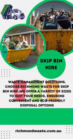For efficient waste management solutions, choose Richmond Waste for skip bin hire. We offer a variety of sizes to suit your needs, ensuring convenient and eco-friendly disposal options. Visit us at Richmond Waste to find the perfect skip bin for your project today.