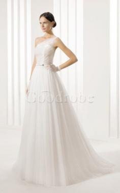 Robe de mariée plissé d'épaule asymétrique en tout plein air textile en tulle branle