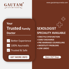 Looking for a trusted clinic for Ayurvedic sexual health treatments? Look no further than Gautam Ayurveda. Led by Dr. Gautam, the best sexologist in Delhi, our clinic offers holistic and personalized care for a range of sexual health issues, including erectile dysfunction, premature ejaculation, low libido, and infertility. Combining traditional Ayurvedic wisdom with modern medical insights, we provide effective, confidential, and compassionate treatments. Visit https://www.gautamayurveda.com to learn more and schedule an appointment. Let us help you achieve optimal sexual health and a fulfilling life.