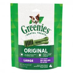 Greenies Dental Chews are expertly formulated treats for the total oral hygiene of large dogs (22-45 kg). The scientifically proven formula provides a great deal of oral health benefits, along with healthy skin and hair. The one-time chew offers a four-in-one solution for oral health care: it inhibits tartar buildup, reduces plaque buildup, stops bad breath, and helps maintain healthy gums.
