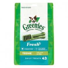 Greenies Fresh Teenie Dog Dental Treats is excellent as its helps keep the teeth in good condition. These treats are extremely easy to digest and highly palatable. The treats help in fighting plaque and tartar and at the same time, promote oral health. The chewy texture treats are recommended by vets all over the world.
