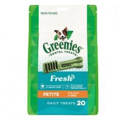 Greenies Fresh Petite Dog Dental Treats is all it takes for clean teeth, fresh breath, and a happy dog. Recommended by vets, these amazing dog dental treats are very easy to digest because of their palatable taste. The treats fight plaque and tartar and help promote oral health in dogs.
