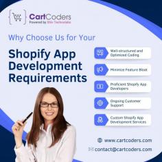 CartCoders offers top-notch Shopify app development services to boost your online store's performance. Our expert team develops custom solutions tailored to your business needs, helping you drive sales and improve customer experience. Discover why our services are trusted by many!