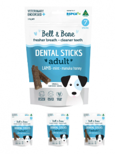 "Bell And Bone Dental Sticks Lamb Mint and Manuka Honey

Bell & Bone Dental Sticks Lamb, Mint & Manuka Honey contain two active ingredients, scientifically proven to reduce plaque & tartar, that help freshen breath & fight.

For More information visit: www.vetsupply.com.au
Place order directly on call: 1300838787"