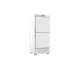 Labtron-25°C Upright Freezer, a microprocessor-controlled unit with two chambers, offers a 450 L capacity, dual compressors for independent temperature control, It features direct cooling, an advanced alarm system, and its powder-coated housing, 6 shelves per chamber,  and 80 mm insulation ensure efficient 
