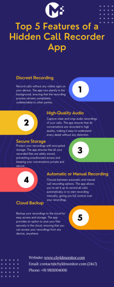 Discover the top 5 features of CHYLDMONITOR, the leading hidden call recorder app. Ensure discreet recording, high-quality audio, secure storage, flexible recording options, and cloud backup for your peace of mind.

#CHYLDMONITOR #CallRecorder #HiddenRecorder #SecureRecording #HighQualityAudio #CloudBackup #DiscreetRecording #AutomaticRecording #ManualRecording #PrivacyProtection
