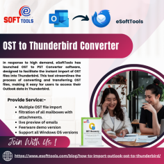 I highly recommend eSoftTools OST to PST Converter Software for efficiently importing Outlook OST files into Thunderbird. This advanced tool features a straightforward, user-friendly interface that simplifies the migration process. It allows for the conversion of multiple files in a single operation and provides a live preview of emails before transfer, ensuring accuracy. The software is available in a free edition, enabling the conversion of up to 25 items per folder at no cost. It supports all mailbox components, including attachments, messages, tasks, events, contacts, and calendars. Fully compatible with Windows systems, this tool is both efficient and easy to use, making it an excellent choice for seamless OST to Thunderbird migrations.
visit more:- https://www.esofttools.com/blog/how-to-import-outlook-ost-to-thunderbird/