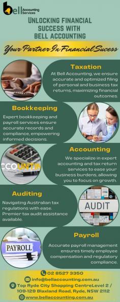 Bell Accounting, located in Ryde, offers comprehensive accounting and tax services tailored to meet your business needs. Our services include expert bookkeeping, precise tax return filing, efficient payroll management, and strategic business advisory. Trust us to handle your financial responsibilities with accuracy and dedication, allowing you to focus on growing your business. Contact us at 02 8527 3350 to explore how Bell Accounting can support your business success.