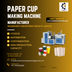 Maabharti Industries Pvt Ltd, assures you of the highest quality of the Paper Cup Machine—one of the leading machine manufacturers, exporters, and suppliers that's advanced in providing durable, satisfactory Paper Cup Machines.

Paper Cup Machine is an equipment that is used to produce paper cups for various applications, including Hot and cold beverages, Foodservice, Packaging, Medical, Laboratory, Promotional products, 
Events and festivals, Retail, Food Processing, Cosmetic industry.  This machine is supported by a square steel frame that is both heavy and of high quality.

The advantages of paper cup-making machines include:High production capacityCost-effectiveCustomizationHygieneConsistencyAutomationFlexibilityEnvironmentally friendlySpace-savingEasy maintenanceIncreased productivityImproved qualityIf you desire to buy a paper cup machine nearby, Maabharti Industries Private Limited is available in Kolkata, West Bengal, India. You can choose & buy a wide range of paper-cup machines with timely delivery. We will ensure you acquire the machine with ease.

For any questions or inquiries about paper cup machines, Contact us now: +91 7595938888 or Email us at: maabharatiindustriespvtltd@gmail.com 
https://www.maabhartipvtltd.com