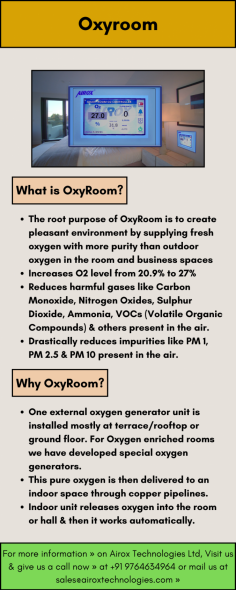 Airox Technologies provides advanced PSA Oxygen Generation Plants and OxyRooms for hospitals. Ensure a reliable and efficient supply of medical oxygen with our cutting-edge technology.

The root purpose of OxyRoom is to create pleasant environment by supplying fresh oxygen with more purity than outdoor oxygen in the room and business spaces. Increases O2 level from 20.9% to 27%. Reduces harmful gases like Carbon Monoxide, Nitrogen Oxides, Sulphur Dioxide, Ammonia, VOCs (Volatile Organic Compounds) & others present in the air. Drastically reduces impurities like PM 1, PM 2.5 & PM 10 present in the air.

For more information » on Airox Technologies Ltd, Visit us & give us a call now » at +91 9764634964 or mail us at sales@airoxtechnologies.com »