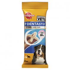 Pedigree Dentastix for large dogs helps to keep dental health of large-sized dogs at optimum level. With big mouths, large dogs require extra oral care to keep their teeth clean and gums germ free. These chewy treats are scientifically designed with X shape and active ingredients to effectively remove tartar and plaque build up.
