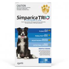 "Simparica Trio is a powerful oral treatment that provides triple protection. It protects your dog against fleas and paralysis ticks, intestinal worms and deadly heartworm. Simparica Trio treats and protects against harmful parasites. The oral chew contains a specially optimised trio of ingredients for proven efficacy including the ingredient moxidectin, the same ingredient used by vets to protect against deadly heartworm disease.

For More information visit: www.vetsupply.com.au
Place order directly on call: 1300838787"