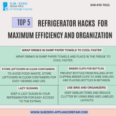 Keep your refrigerator running smoothly with these 5 essential hacks. Use bins and organizers for clutter-free storage, lazy Susans for easy access, and binder clips to prevent bottle rolling. Store leftovers in clear containers to reduce waste, and chill drinks quickly by wrapping them in wet paper towels. For the best Subzero Refrigerator Repair in Orange County, ensure your Refrigerator stays efficient and organized with these tips.