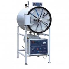 Fison horizontal autoclave with a 500L cylindrical chamber of 304 stainless steel. It operates at a temperature range of 105 °C to 134 °C and 0.22 MPa. It includes a radial locking lid with auto-opening. Featuring a pressure gauge, control, and steam release valve.