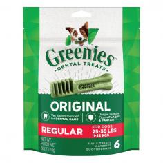 Greenies Dental Dog Treats Regular is recommended for dogs 11-22 kg. It offers complete oral care for your dog. The dental treat stops bad breath and maintains healthier teeth and gums. These chews are designed for daily treating to help keep dental health. With fewer calories, these dental dog treats address the growing problem of canine obesity.
