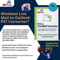  eSoftTools Windows Live Mail to Outlook PST Converter	
		
Are you struggling to find an efficient way to convert your Windows Live Mail emails to various file formats and save them to your local drive? Look no further! eSoftTools Windows Live Mail Conversion Tool is the perfect solution. With this powerful tool, you can easily convert Live Mail emails to Outlook PST, EML, MSG, Office 365, and many other formats. The tool scans countless mailboxes simultaneously, allowing you to convert multiple Live Mail accounts with ease. It also auto-loads all mailboxes from your Windows Live Mail profile, enabling conversion to formats like Outlook PST, MBOX, NSF, Office 365, and more.	
		
Website:- https://www.esofttools.com/windows-live-mail-converter.html	
		