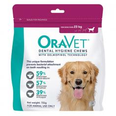 Oravet Dental Chews for Large Dogs Over 23 kg (PINK) are ideal for your pet’s daily oral care. These clinically proven chews reduce plaque and tartar formation and prevent bad breath. When given daily, these dental dog chews loosen existing plaque and tartar to make it easier to remove.
