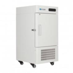 Fison -86°C upright freezer with a 50L capacity and -40°C to -86°C temperature range. It features a microprocessor-controlled system, an LED display, direct cooling, and an eco-friendly refrigerant. Ideal for secure sample storage with a robust alarm system for temperature, power, and voltage.