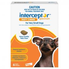 Interceptor Spectrum is a healthy and tasty chew for dogs. One monthly tasty chew will prevent and control heartworms in your dog. These chews control all types of worms like roundworm, whipworm, hookworm, and adult tapeworms in dogs. These chews are made with real chicken flavour that your dog loves.
