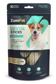 "ZamiPet Dental Sticks Adult are delicious dog treats formulated to support overall oral health with the added benefits of flaxseeds and Omega-3 for optimum general health and immunity. These unique four-clover-shaped sticks provide gentle abrasion during chewing and help clean tartar and plaque buildup whereas its unique formulation freshens breath, promotes healthy gums, and prevents periodontal diseases.

For More information visit: www.vetsupply.com.au
Place order directly on call: 1300838787"