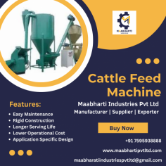 Cattle Feed Machine For Sale | Maabharti Industries Pvt Ltd

Maabharti Industries Pvt Ltd is a trustworthy machine manufacturing company in India, providing Cattle Feed machines budget-friendly to customers. This machine adjusts pellet sizes via various dies and is designed with features that ensure easy operation and high output with low power consumption.

Cattle Feed Machines are mainly used to mix feed ingredients and premixes in feed production plants. Here are some features-

Easy Maintenance
Rigid Construction
Longer Serving Life
Lower Operational Cost
Application Specific Design

If you want to buy an affordable Cattle Feed Machine nearby or online. So, visit our website https://www.maabhartipvtltd.com and contact +91 7595938888 or email maabharatiindustriespvtltd@gmail.com to buy a High-rated Cattle Feed Machine from Maabharti Industries Private Limited.