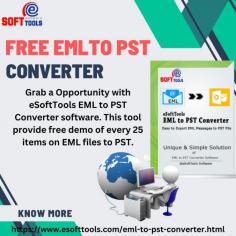  Seize the chance to utilise the eSoftTools EML to PST Converter software for free. You can evaluate the functionality and performance of this software by converting up to 25 EML files to Outlook PST format with its free demo edition. The demo version lets you evaluate the tool's quality before making a purchase by guaranteeing a secure and dependable conversion process. Users can examine the capabilities of the software and confirm that it converts EML files to PST effectively. When you're happy with the outcome, you can quickly buy the software's complete edition to take use of its further features and limitless conversion options.