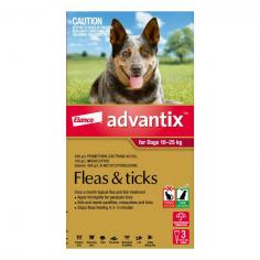 Advantix for Large Dogs is a topical solution that provides protection against fleas and ticks in puppies and dogs that weigh up to 10-25kg. A single dose of Advantix Red pack kills fleas and ticks. Plus, it repels ticks including paralysis ticks. This monthly spot-on formula protects dogs from irritating biting insects including mosquitoes, sand flies, stable flies, and lice.
