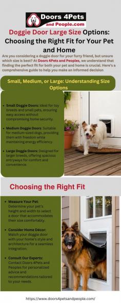 Explore doggie door large size options at Doors 4Pets and Peoples. Designed for small, medium, or large dogs, our doors prioritize security, durability, and ease of installation. Ensure your pet's freedom and comfort with weather-resistant doors that blend seamlessly with your home's décor.
