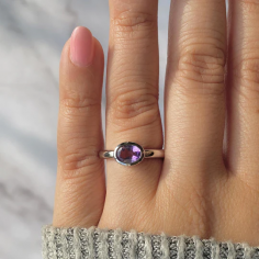 The delicacy of the dainty amethyst ring, curated in 925 sterling silver, is a beauty. The dainty design and soft purple shade make it the perfect accessory for any outfit. The sparkling effect of amethyst gemstone adds a touch of elegance to everyday attire. It’s a subtle yet stunning jewelry piece that never fails to draw compliments. This dainty ring is a true embodiment of understated glamour & exquisite beauty.