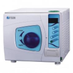 Fison benchtop autoclave with 12L capacity has a 304 stainless steel chamber and jet steam generator with a temperature range of 134 °C to 121 °C. Features 3 pulsating vacuums, test procedures, B&D, and a 16-bit microprocessor. Optional mini-printer or USB for recording. It is class-B equipment.