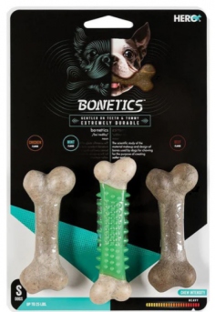 A value pack of 3 safe dog chews that are extremely durable and great tasting. Designed in the shape of a femur bone, and compelling texture for easy grip. Includes 1 each of a yummy chicken and beef flavor, and 1 mint flavor with soft rubber teeth-cleaning nubs that massage gums. Hero Bonetics is made of a scientifically developed wood-infused nylon material that is strong enough to last and soft enough not to splinter, making it a safer choice for your dog. Size small for dogs up to 25 lbs.