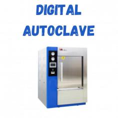 Labmate Digital Autoclave features a 280L stainless steel chamber, a temperature range of 40–134 °C, and a sterilization time of 0-99 min. Features include automatic power cut-off, water deficiency alarm, and over-temperature/pressure protection. Doors lock until the pressure drops to 0.027 MPa. Equipped with an LCD display, programmable cycles, and a built-in water tank.