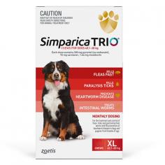 "Simparica Trio is a powerful oral treatment that provides triple protection. It protects your dog against fleas and paralysis ticks, intestinal worms and deadly heartworm. Simparica Trio treats and protects against harmful parasites. The oral chew contains a specially optimised trio of ingredients for proven efficacy including the ingredient moxidectin, the same ingredient used by vets to protect against deadly heartworm disease.

For More information visit: www.vetsupply.com.au
Place order directly on call: 1300838787"