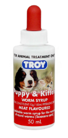 "Troy Puppy and Kitten Worm Syrup is a meat‐flavored worming treatment for dogs and cats. It is a highly palatable and easy‐to‐give syrup‐based formula that effectively treats roundworm (Toxocaracanis) infections in puppies, kittens, adult dogs, cats and guinea pigs.

For More information visit: www.vetsupply.com.au
Place order directly on call: 1300838787"