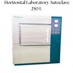 Labtron horizontal laboratory autoclave with a 250-liter capacity is equipped with a motorized or sliding door with an effective sterilization temperature of 139 °C, controlled power with a built-in steam generator, and automatic vacuum drying. It offers a single-door design that can be customized to an optional double-door design and a digital LCD display to monitor working status and parameters.