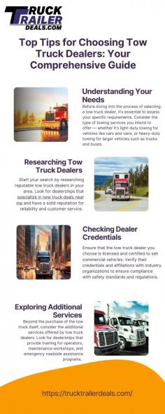 Seeking tow truck dealers? Our guide highlights key factors like expertise in commercial vehicles and access to new truck deals near me. Trust Truck Trailer Deals for a reputable selection and expert guidance in finding the ideal dealer for your towing business. Start your search with confidence and clarity today! Visit here to know more:https://medium.com/@hudson.jack559/top-tips-for-choosing-tow-truck-dealers-your-comprehensive-guide-56261411fc86