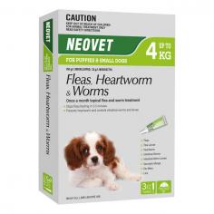 Neovet for Dogs and Puppies is a monthly spot-on treatment for flea, worm, and heartworm protection. It eliminates flea larvae, fleas, lice, mites, and sarcoptic mange shortly after application and also protects against most major intestinal worms in dogs, such as hookworm, roundworm, and whipworm, including heartworm.
