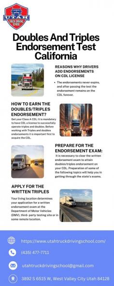 Are you preparing for your CDL doubles and triples practice test? Our comprehensive guide covers everything you need about the test for doubles and triples in California. Gain confidence and pass your endorsement exam with ease. Visit our blog for detailed information and tips to help you succeed. Click here to know more:https://www.utahtruckdrivingschool.com/blog/doubles-and-triples-endorsement-test-california