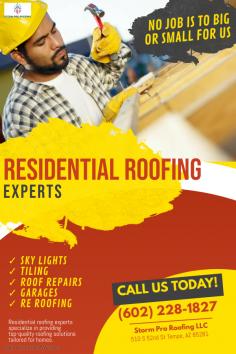 Residential roofing experts are dedicated professionals who specialize in delivering high-quality roofing solutions tailored specifically for homes. Whether it's roof repairs, replacements, or new installations, they bring expertise and reliability to ensure your home is protected with durable and aesthetically pleasing roofing solutions.

https://stormproroofing.net/residential-roofing-services-in-az/
