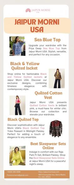 Shop online for fashionable black and yellow quilted jackets at Jaipur Morni USA. Discover our exclusive designs, combining timeless elegance with contemporary style.

Get more info
Email Id-	Florence.kerns@gmail.com
Phone No-	1 (626) 390-0686	
Website-	https://jaipurmorniusa.com/products/quilted-block-print-jacket-yellow-black-1
