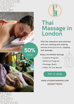 Are you looking for a rejuvenating Thai massage near you? Look no further than A to Zen Therapies, your go-to destination for top-notch massages in the UK. Join our exclusive loyalty program and referral program to enjoy incredible savings on our package deals. Don't miss out on our limited-time offer of the month and treat yourself to a truly relaxing experience today.