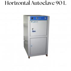 Labtron horizontal autoclave with a 90-liter capacity is equipped with a microcomputer digital controller with screen indicators, automatic and manual settings of sterilizing temperature, and a safety protection device with a safety door lock system and safety valve. It is designed as per gravity-type pressurized steam sterilization principle, and the sterilizing temperature ranges from 115°C to 134°C.